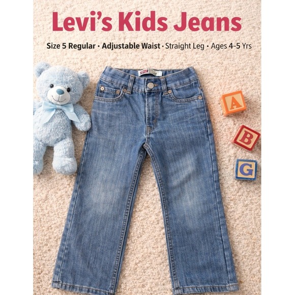 Levi's Kids Jeans Size 5 Regular Blue Denim Adjustable Waist Straight Leg - Picture 1 of 8